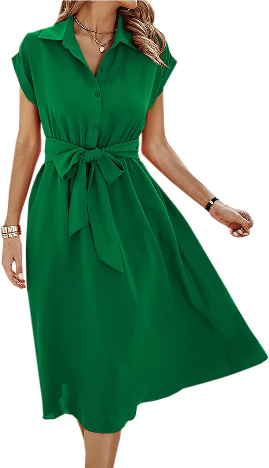 ECOWISH Womens Casual Midi Dresses Solid V Neck Short Sleeve Button Shirt Belted Dress with Pockets for Spring Summer 2025
