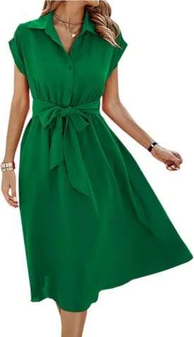 ECOWISH Womens Casual Midi Dresses Solid V Neck Short Sleeve Button Shirt Belted Dress with Pockets for Spring Summer 2025