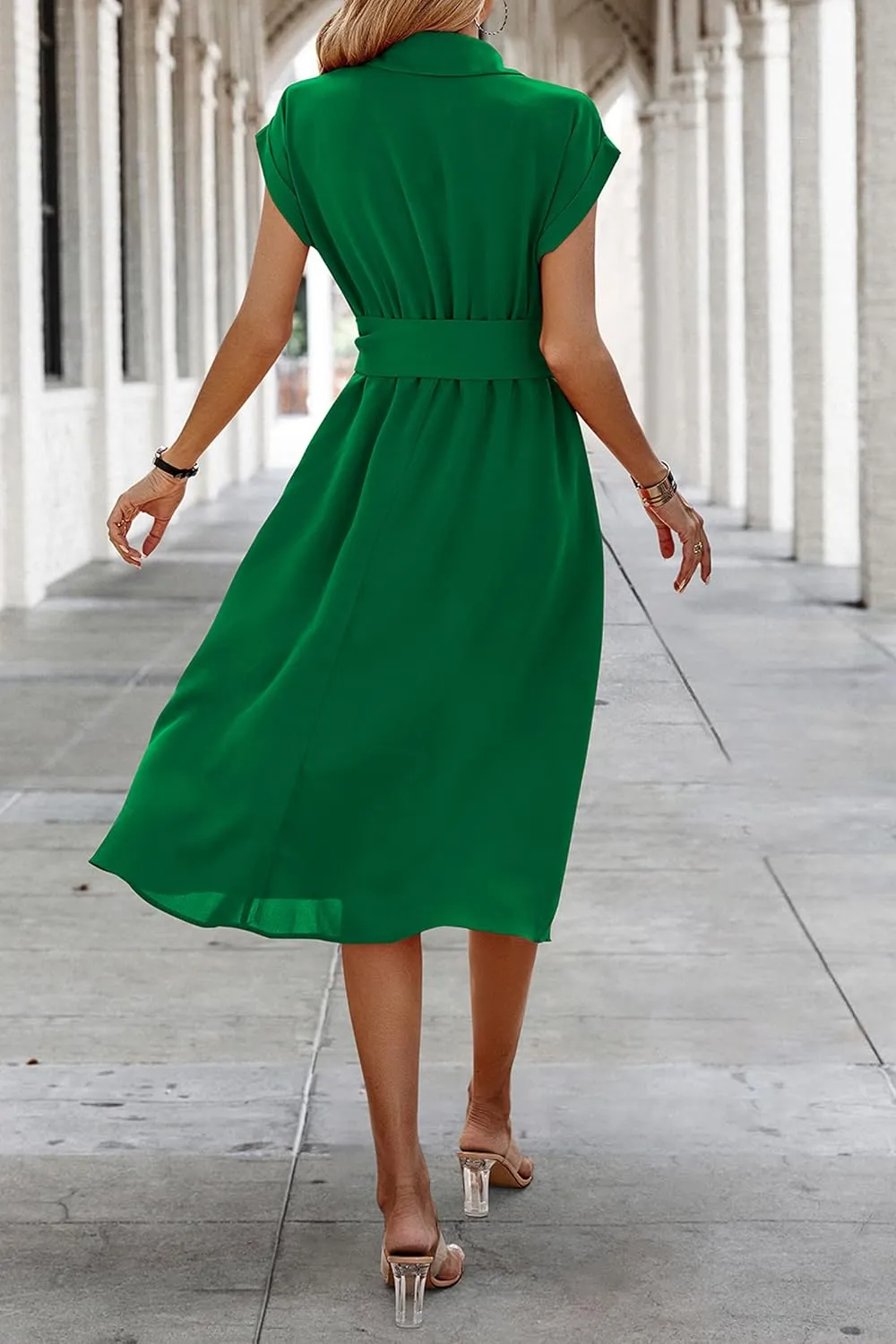 ECOWISH Womens Casual Midi Dresses Solid V Neck Short Sleeve Button Shirt Belted Dress with Pockets for Spring Summer 2025