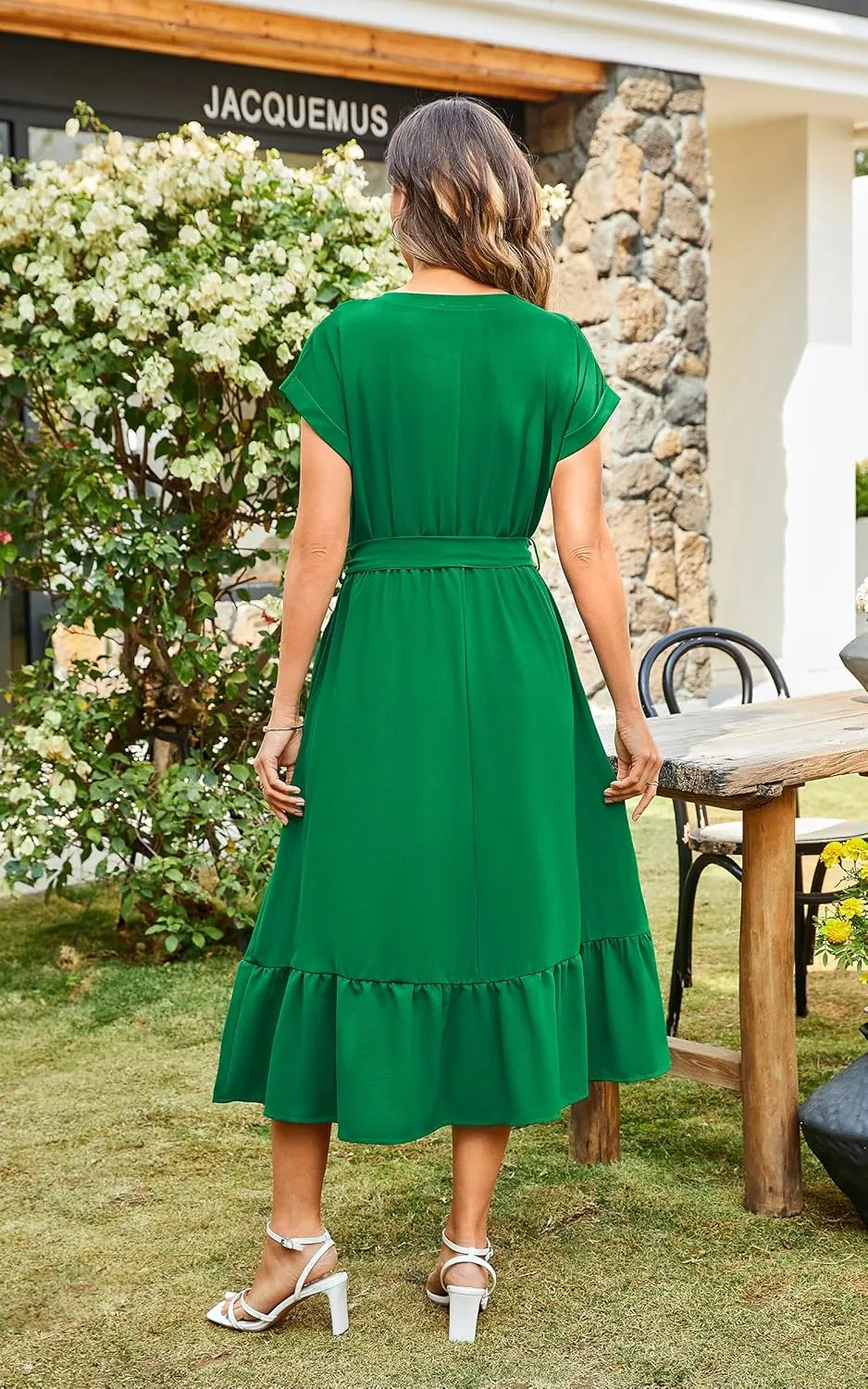 ECOWISH Womens Casual Midi Dresses Solid V Neck Short Sleeve Button Shirt Belted Dress with Pockets for Spring Summer 2025