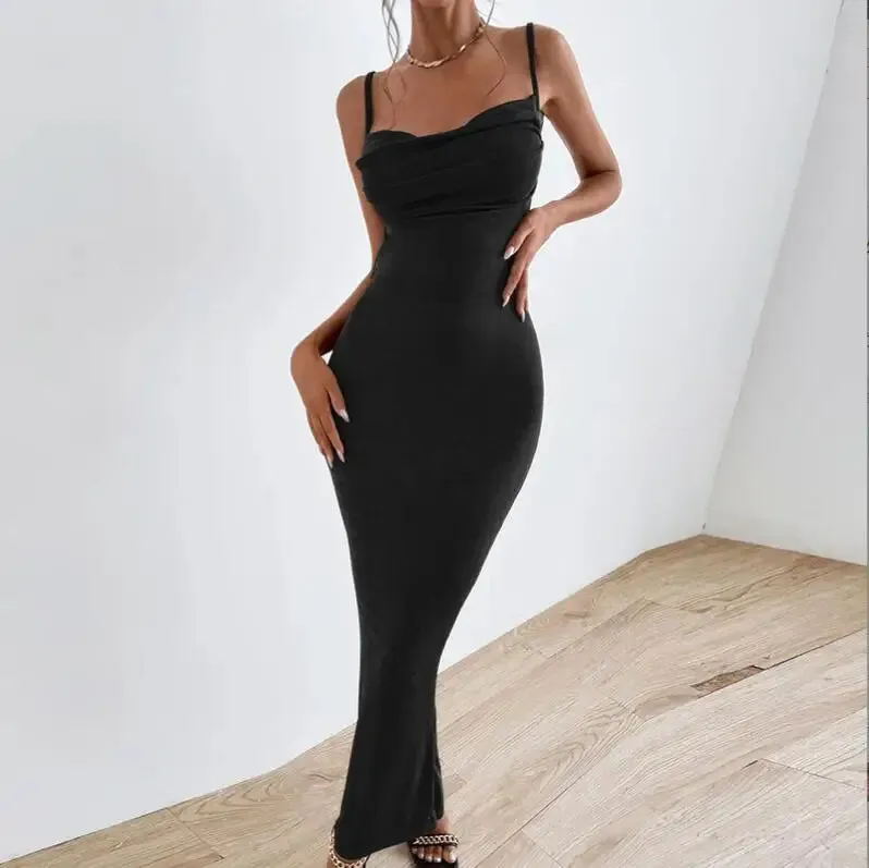 Elegant Draped Sleeveless Spaghetti Strap Midi Dress