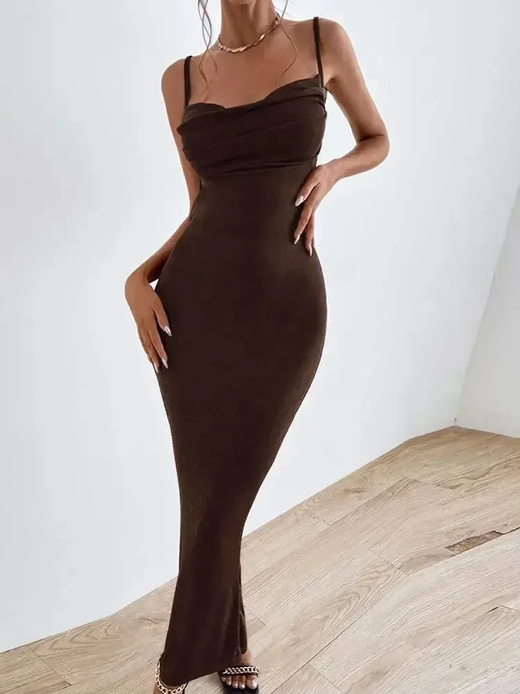 Elegant Draped Sleeveless Spaghetti Strap Midi Dress
