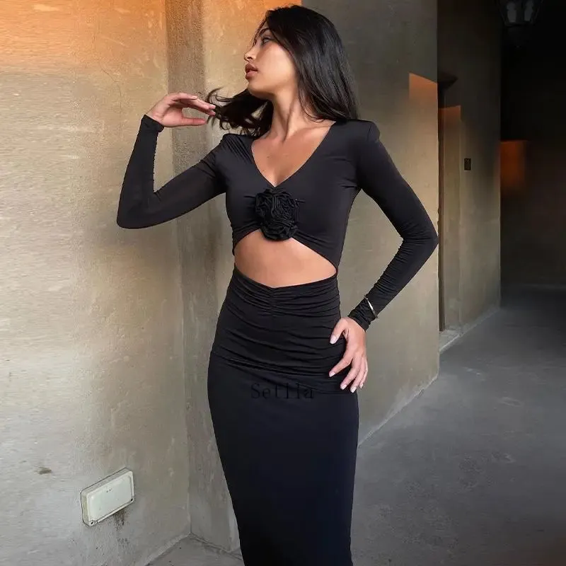 Elegant Floral Cut Out Long Sleeve Midi Dress for Women