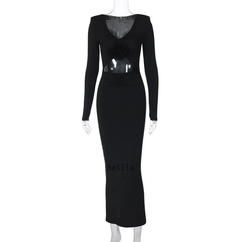 Elegant Floral Cut Out Long Sleeve Midi Dress for Women
