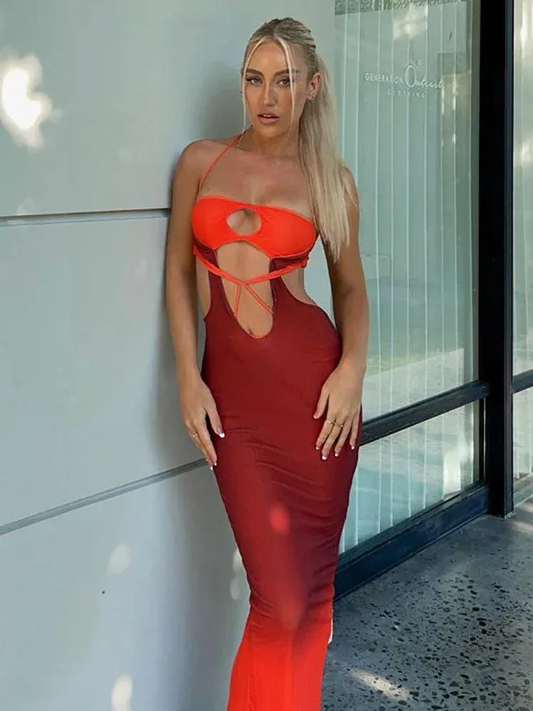 Elegant Halter Sleeveless Cut-out Midi Dress