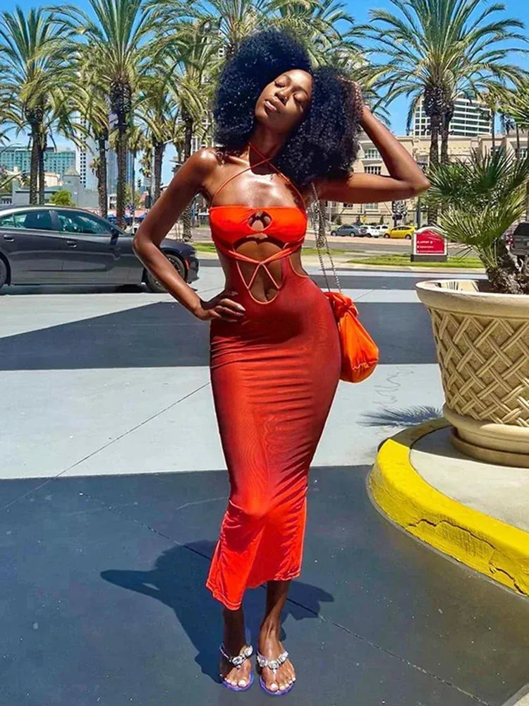 Elegant Halter Sleeveless Cut-out Midi Dress