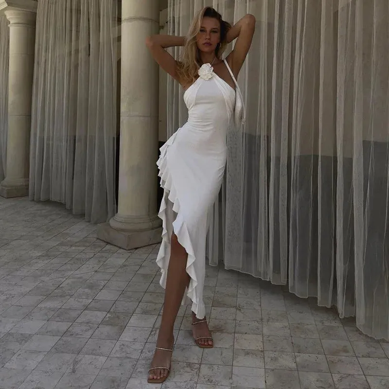 Elegant Halter Slit Summer Ruffle White Floral Applique Mini Midi Dress