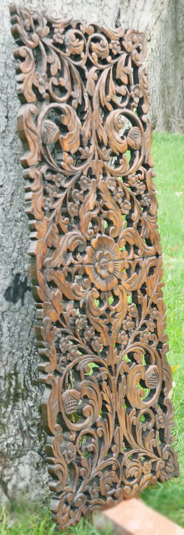 Floral Wood Carved Wall Panel. Asian Home Decor Wall Hanging. Decorative headboard Relief Panel Sculpture. Dark Brown Finish 35.5"x13.5"x0.5"