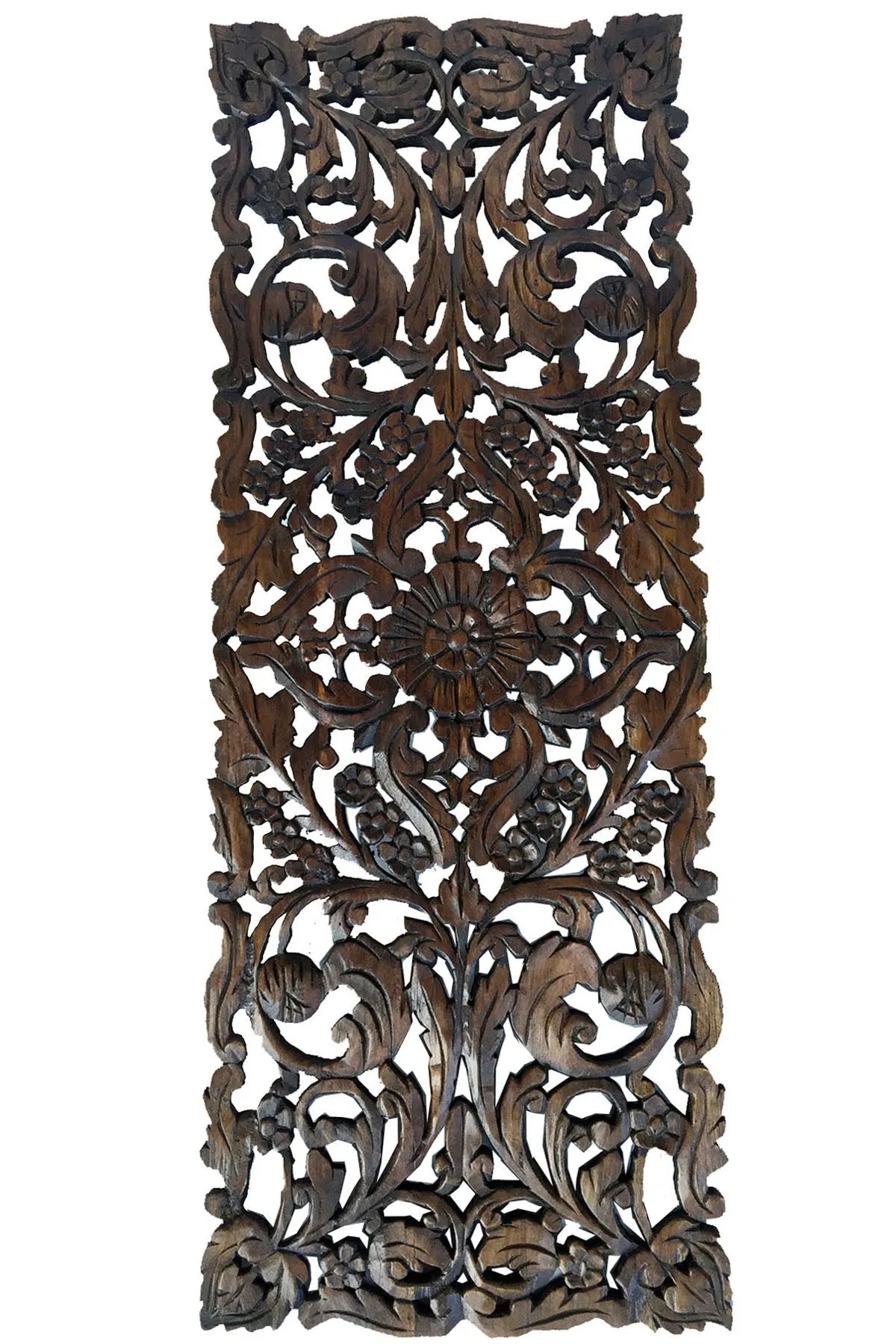 Floral Wood Carved Wall Panel. Asian Home Decor Wall Hanging. Decorative headboard Relief Panel Sculpture. Dark Brown Finish 35.5"x13.5"x0.5"