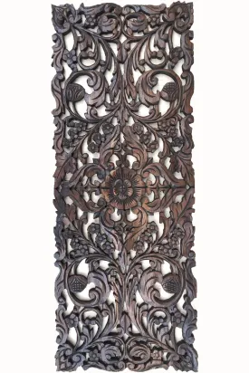 Floral Wood Carved Wall Panel. Asian Home Decor Wall Hanging. Decorative headboard Relief Panel Sculpture. Dark Brown Finish 35.5"x13.5"x0.5"