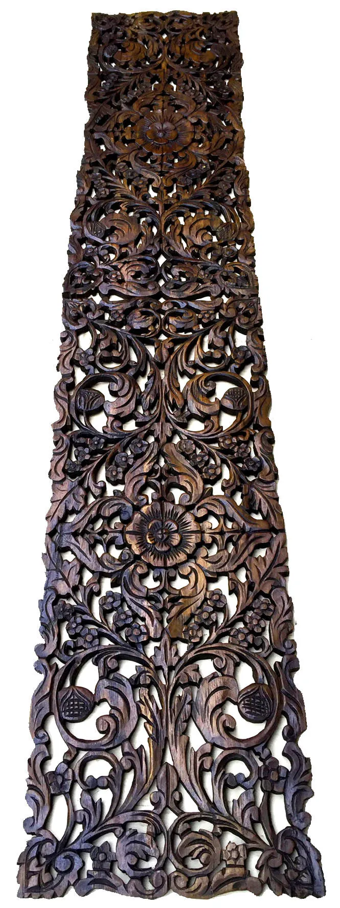 Floral Wood Carved Wall Panel. Asian Home Decor Wall Hanging. Decorative headboard Relief Panel Sculpture. Dark Brown Finish 35.5"x13.5"x0.5"