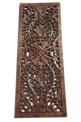 Floral Wood Carved Wall Panel. Wall Hanging. Asian Home Decor. Decorative Thai Wall Relief Panel Sculpture. Large Wood Wall Plaque 35.5"x13.5"x0.5" Color Options Available
