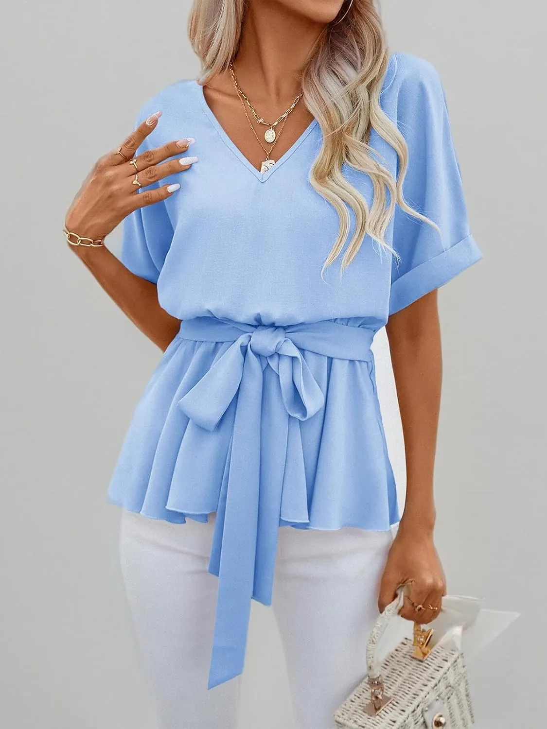 FSHAOES Womens V Neck Blouse Short Sleeve Belted Casual T-Shirts Basic Tee Tops