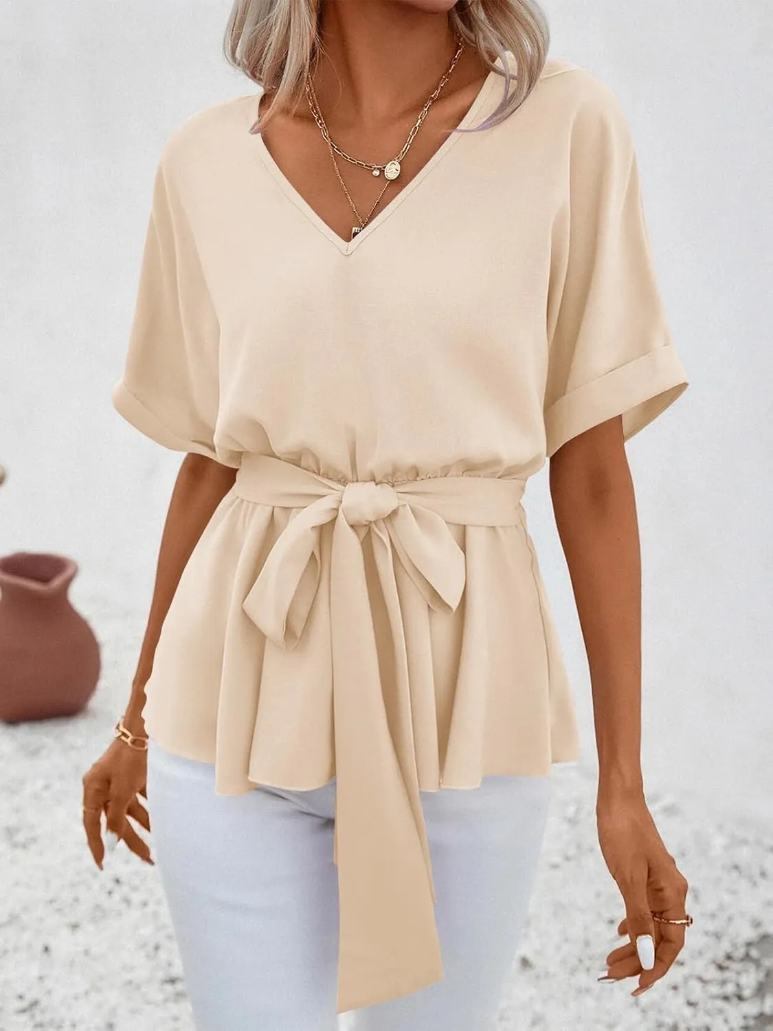 FSHAOES Womens V Neck Blouse Short Sleeve Belted Casual T-Shirts Basic Tee Tops