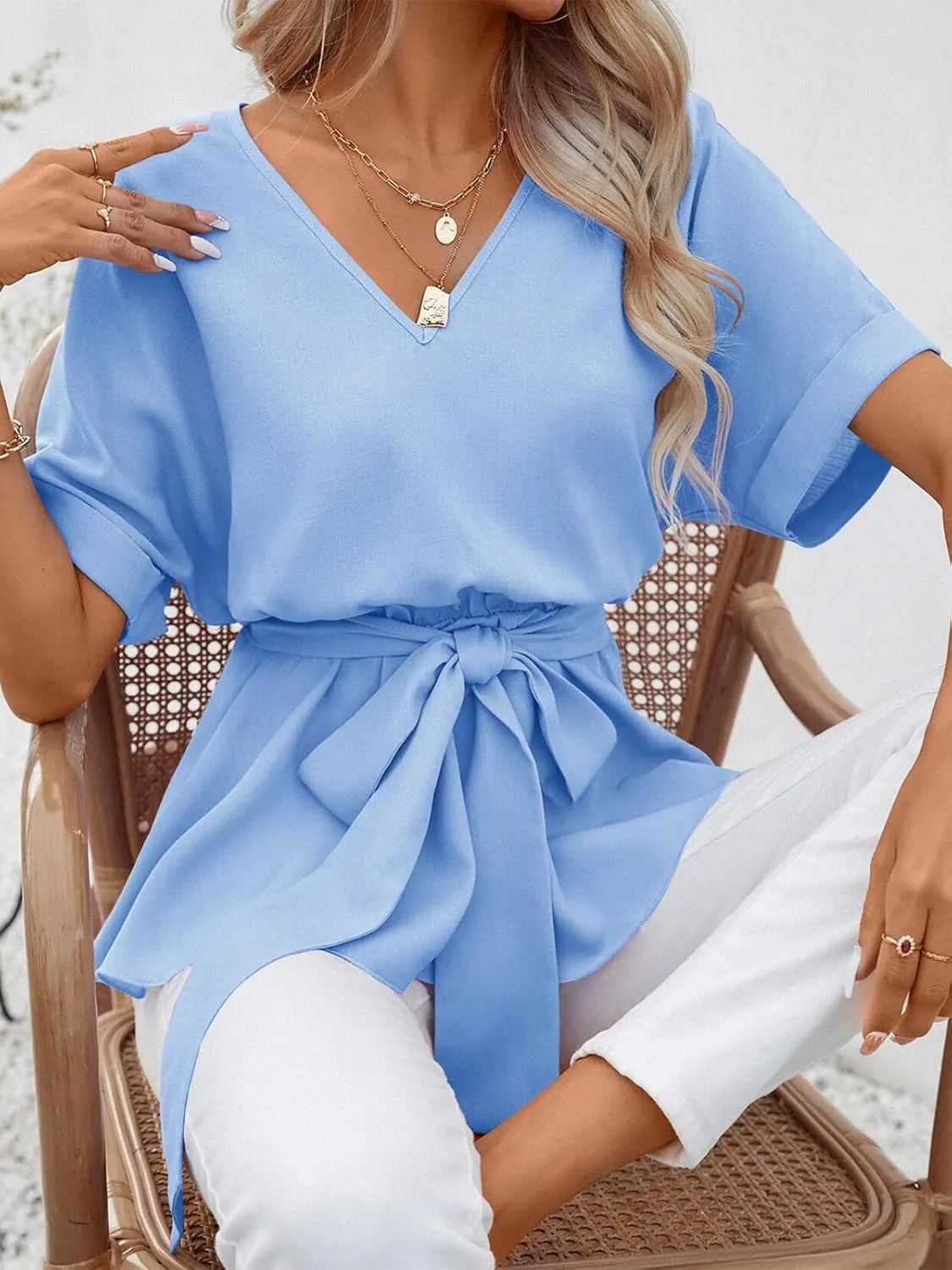 FSHAOES Womens V Neck Blouse Short Sleeve Belted Casual T-Shirts Basic Tee Tops
