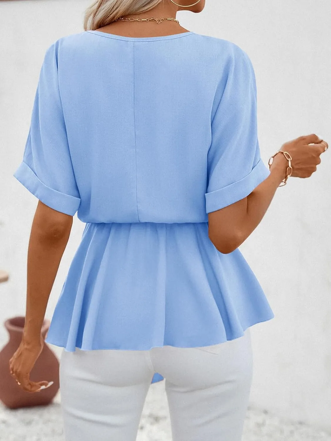 FSHAOES Womens V Neck Blouse Short Sleeve Belted Casual T-Shirts Basic Tee Tops
