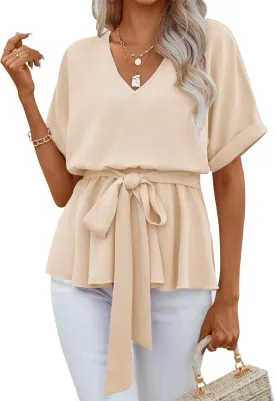FSHAOES Womens V Neck Blouse Short Sleeve Belted Casual T-Shirts Basic Tee Tops