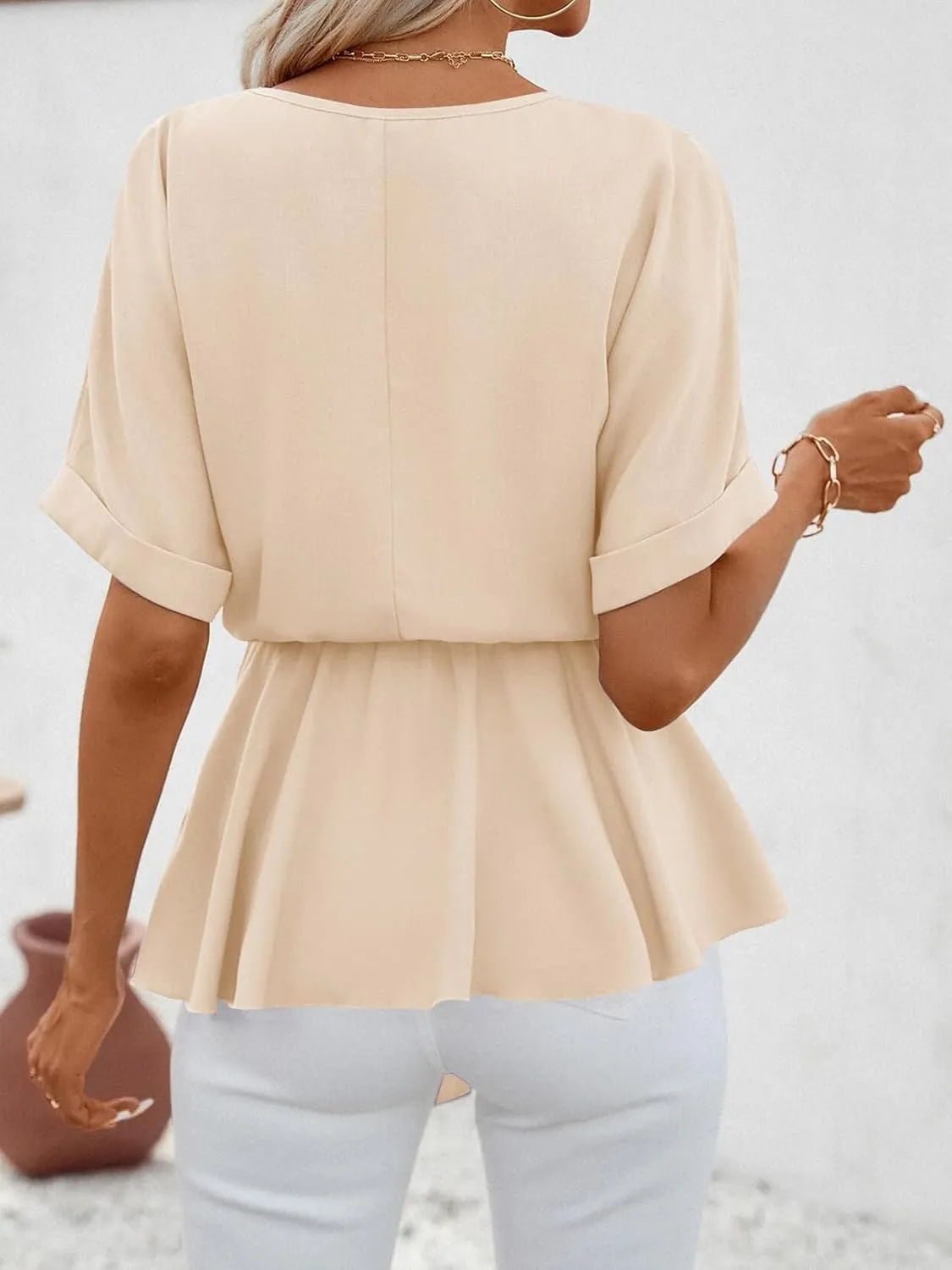 FSHAOES Womens V Neck Blouse Short Sleeve Belted Casual T-Shirts Basic Tee Tops