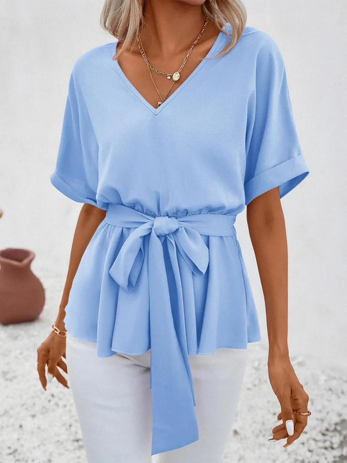 FSHAOES Womens V Neck Blouse Short Sleeve Belted Casual T-Shirts Basic Tee Tops