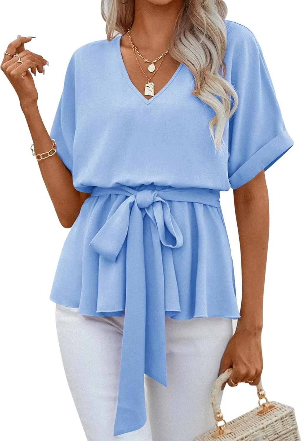 FSHAOES Womens V Neck Blouse Short Sleeve Belted Casual T-Shirts Basic Tee Tops
