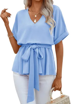 FSHAOES Womens V Neck Blouse Short Sleeve Belted Casual T-Shirts Basic Tee Tops