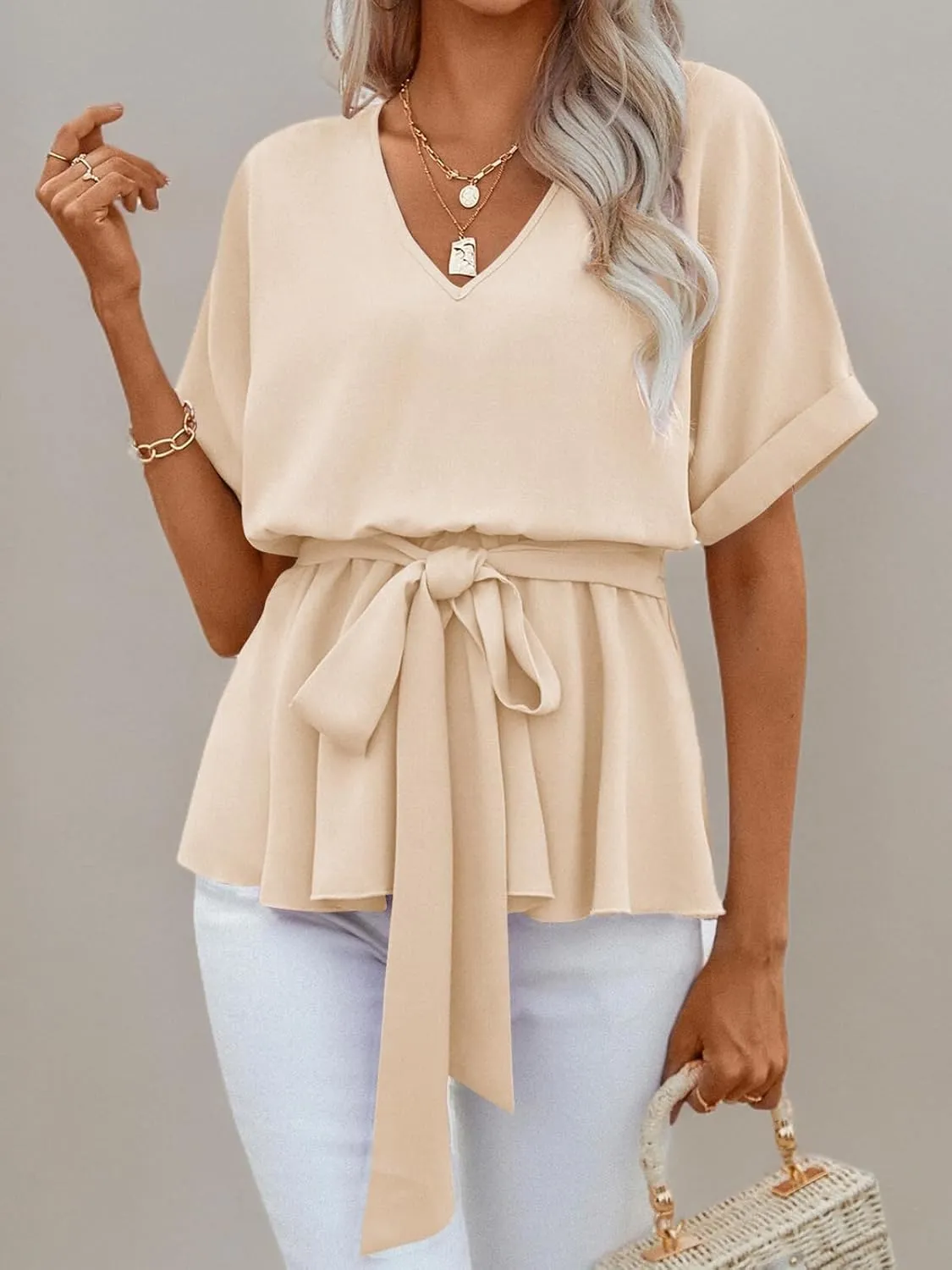 FSHAOES Womens V Neck Blouse Short Sleeve Belted Casual T-Shirts Basic Tee Tops