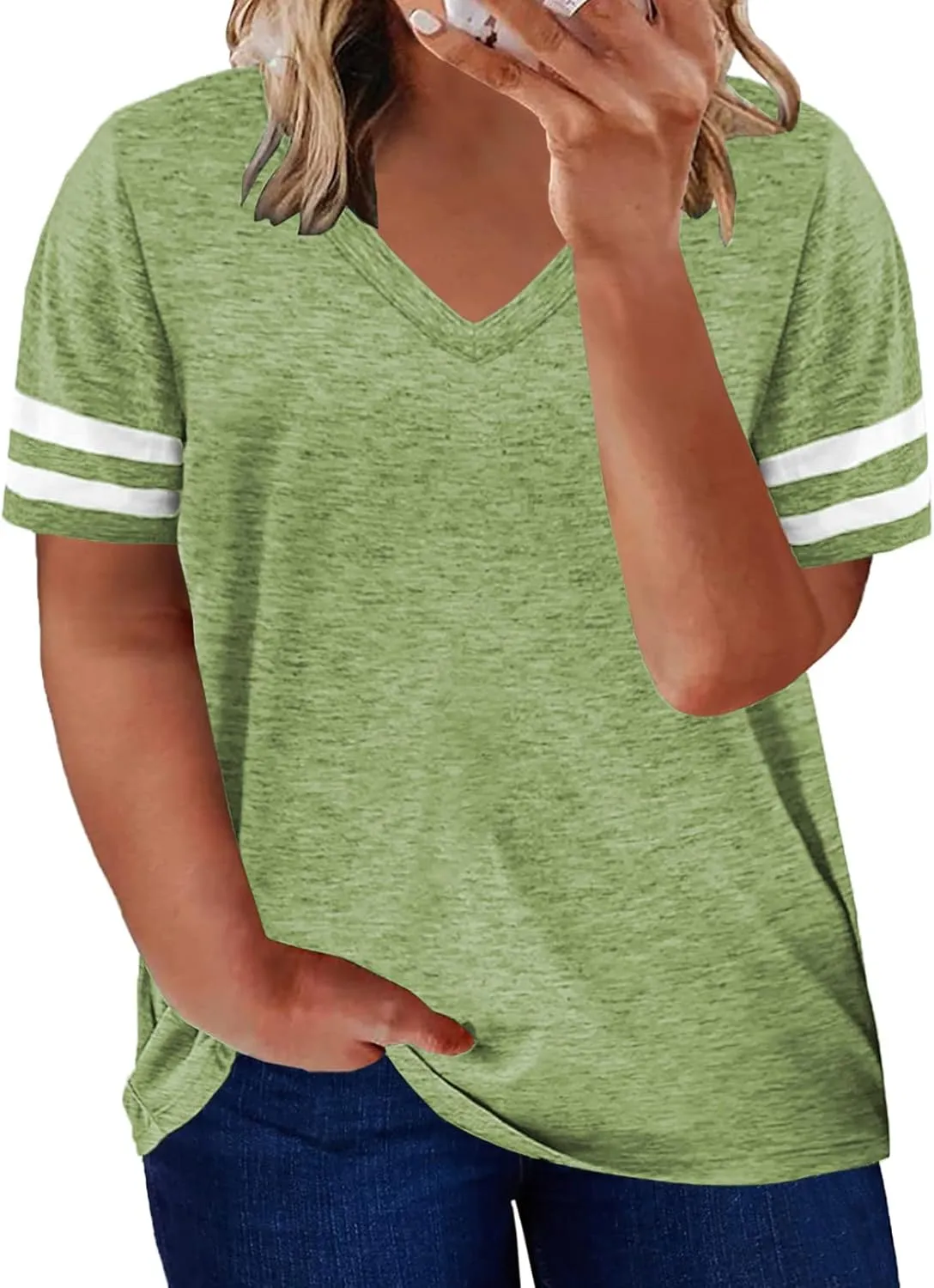 Happy Sailed Womens Plus Size Tunic Tops Summer Short Sleeve V Neck Striped Loose Casual Tee Shirt(1X-5X)