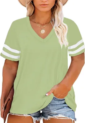 Happy Sailed Womens Plus Size Tunic Tops Summer Short Sleeve V Neck Striped Loose Casual Tee Shirt(1X-5X)