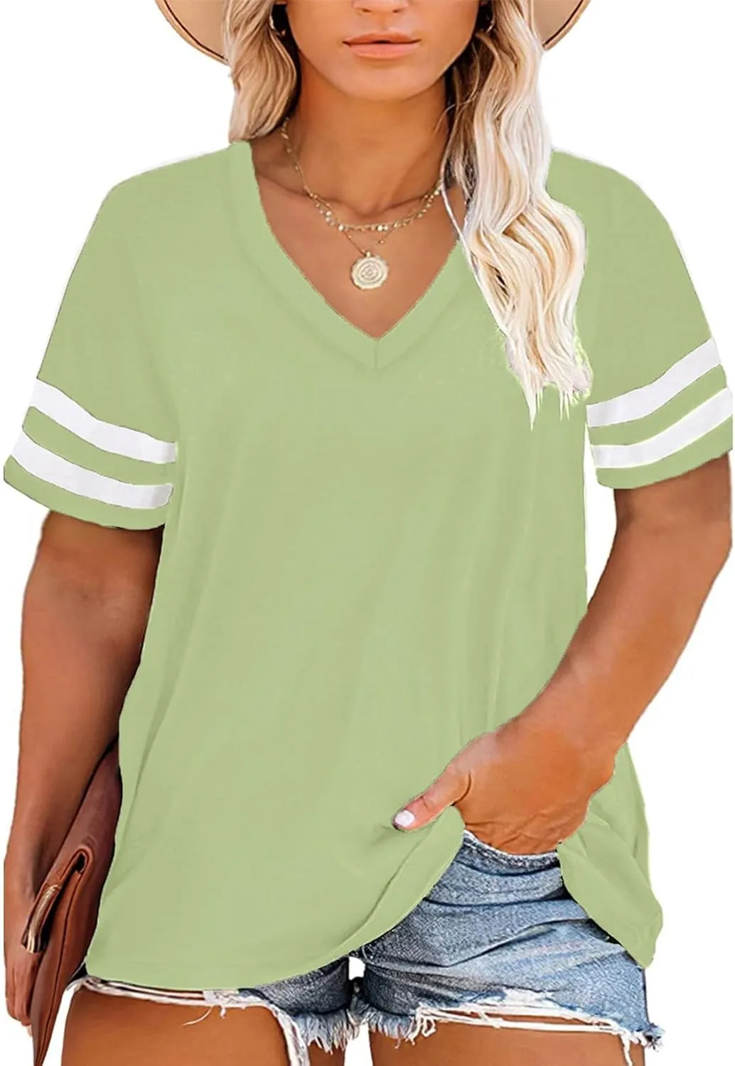 Happy Sailed Womens Plus Size Tunic Tops Summer Short Sleeve V Neck Striped Loose Casual Tee Shirt(1X-5X)