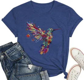 Hummingbird Shirt for Women Funny Women's Flower Graphic Tees Cute Bird Lover Short Sleeve Shirts 