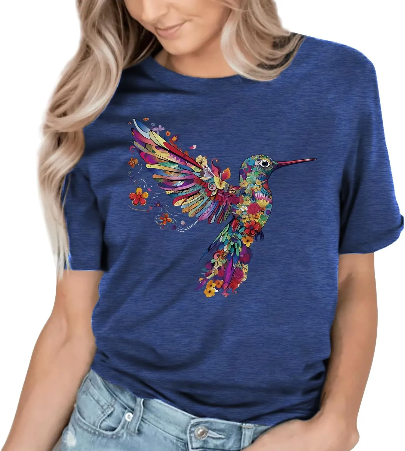 Hummingbird Shirt for Women Funny Women's Flower Graphic Tees Cute Bird Lover Short Sleeve Shirts 