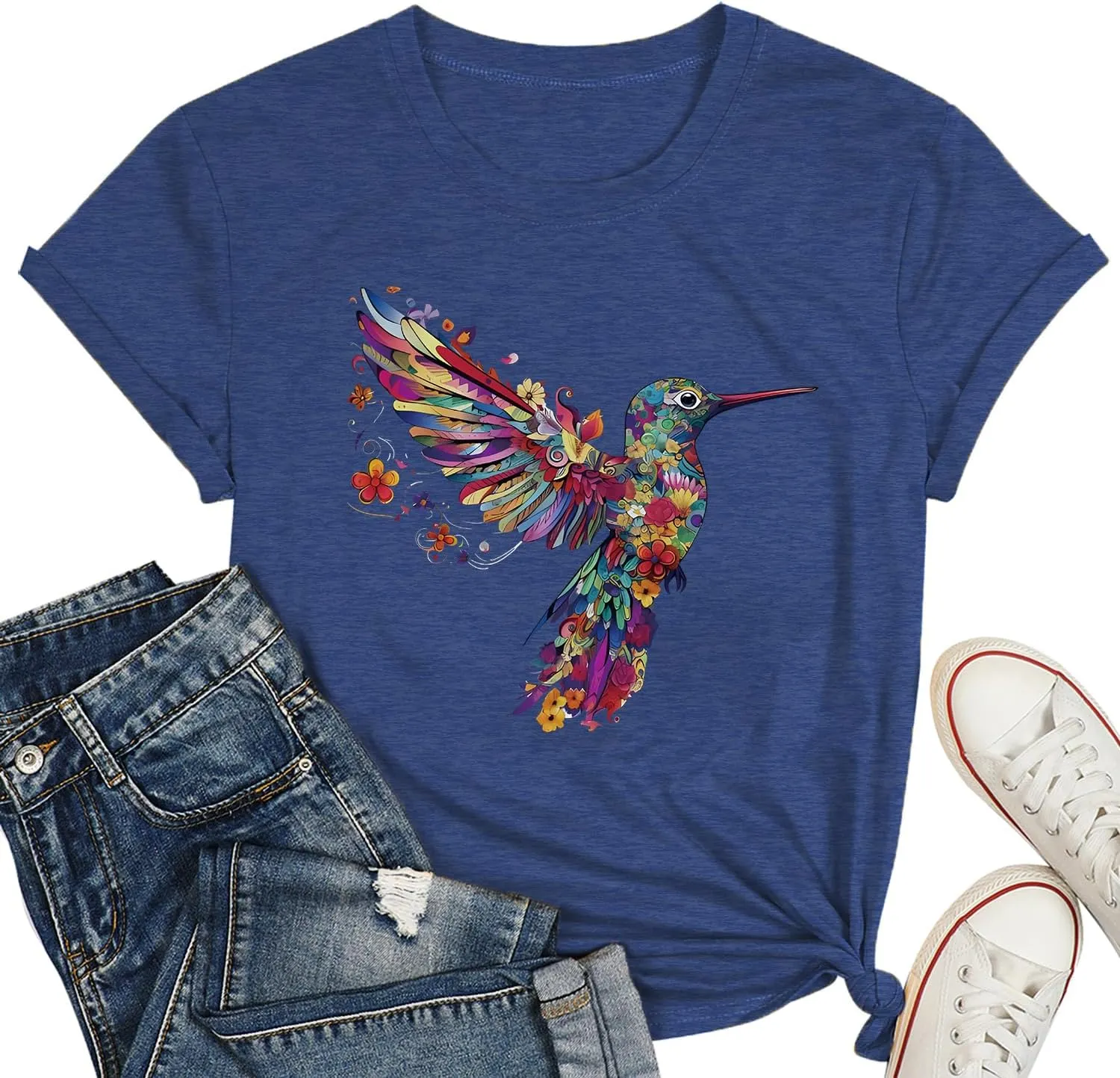 Hummingbird Shirt for Women Funny Women's Flower Graphic Tees Cute Bird Lover Short Sleeve Shirts 