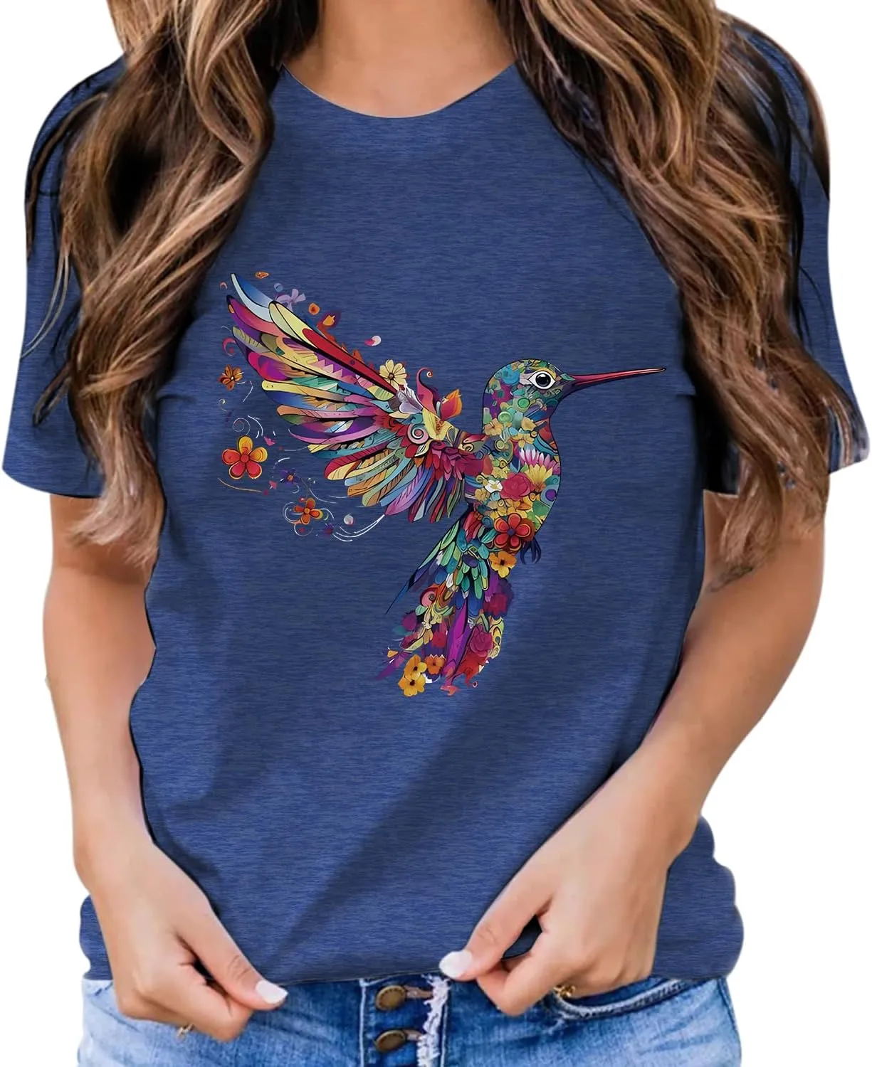 Hummingbird Shirt for Women Funny Women's Flower Graphic Tees Cute Bird Lover Short Sleeve Shirts 
