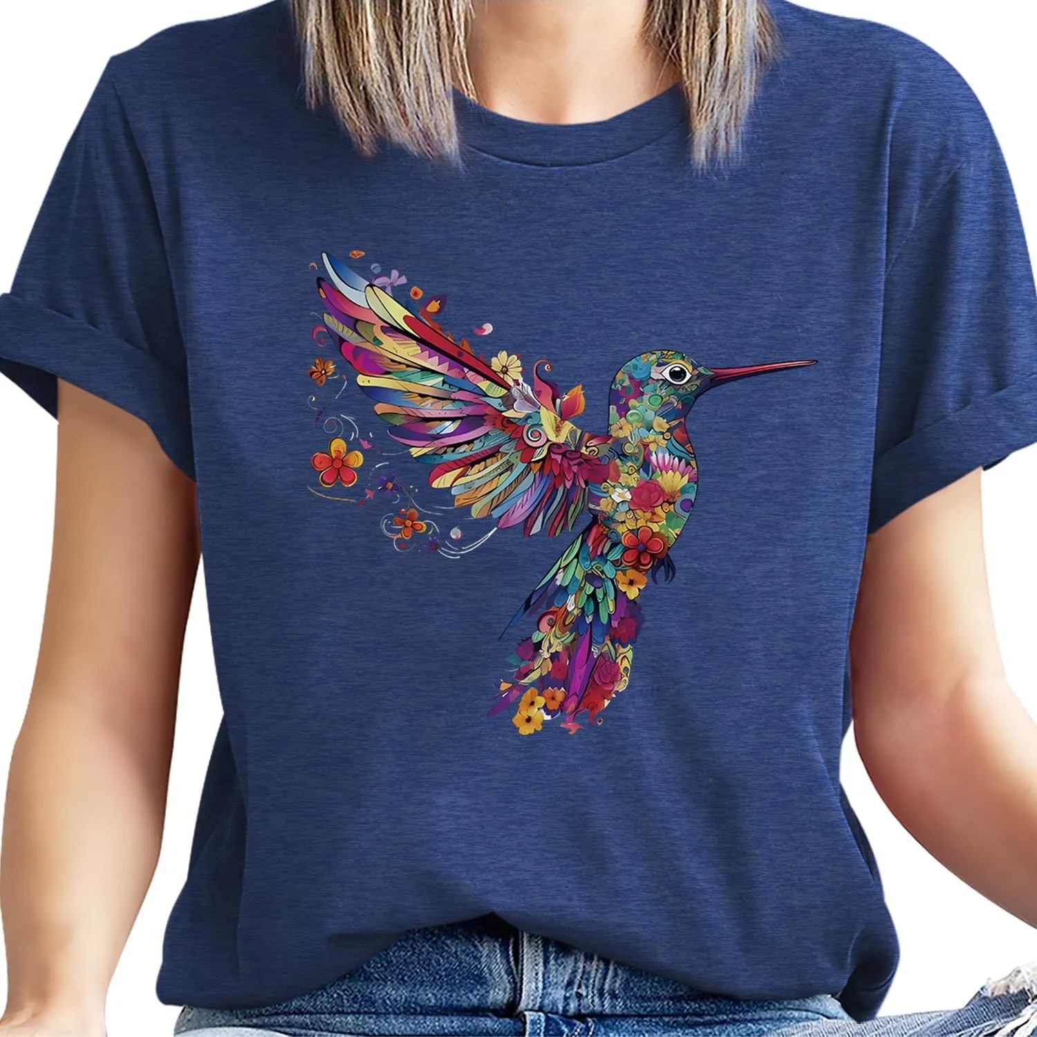 Hummingbird Shirt for Women Funny Women's Flower Graphic Tees Cute Bird Lover Short Sleeve Shirts 