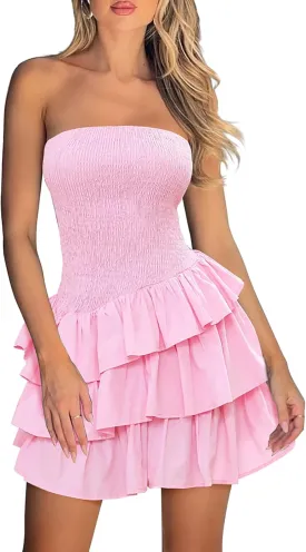 HYPERFIRE Women's Summer Strapless Tube Smocked Dress Ruffle Tiered Layered Mini Dresses