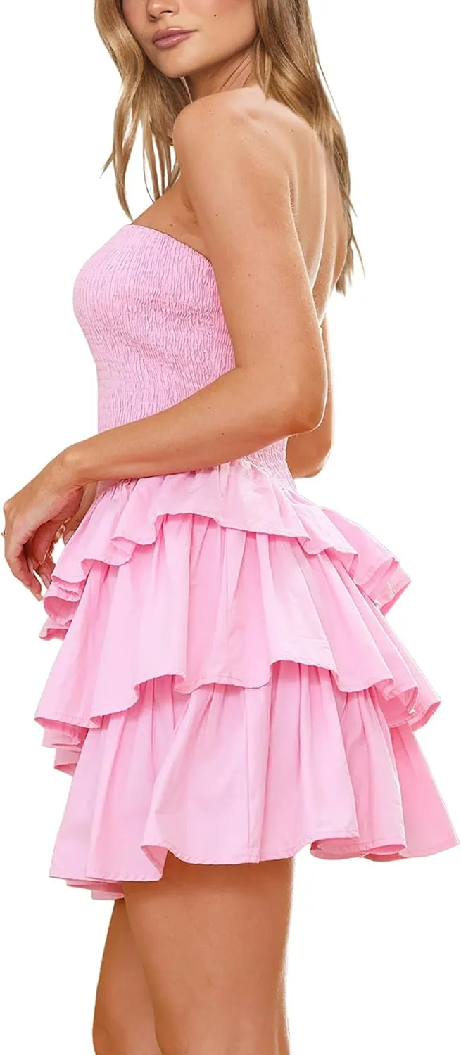 HYPERFIRE Women's Summer Strapless Tube Smocked Dress Ruffle Tiered Layered Mini Dresses