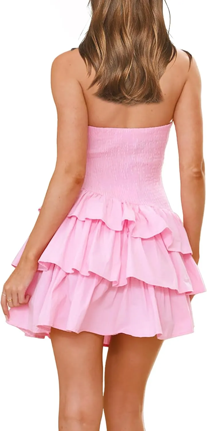 HYPERFIRE Women's Summer Strapless Tube Smocked Dress Ruffle Tiered Layered Mini Dresses