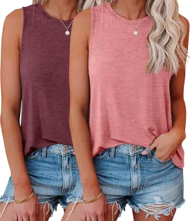 KKJ 2 Pack Womens Tank Tops Summer Beach Vacation Clothes Fashion Outfits Crew Neck Sleeveless Loose Fit Blouse Casual Shirts