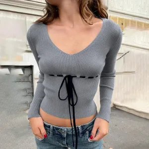 Knitted Crop Tops Solid Color Long Sleeve Front Drawstring Fashion T-shirts