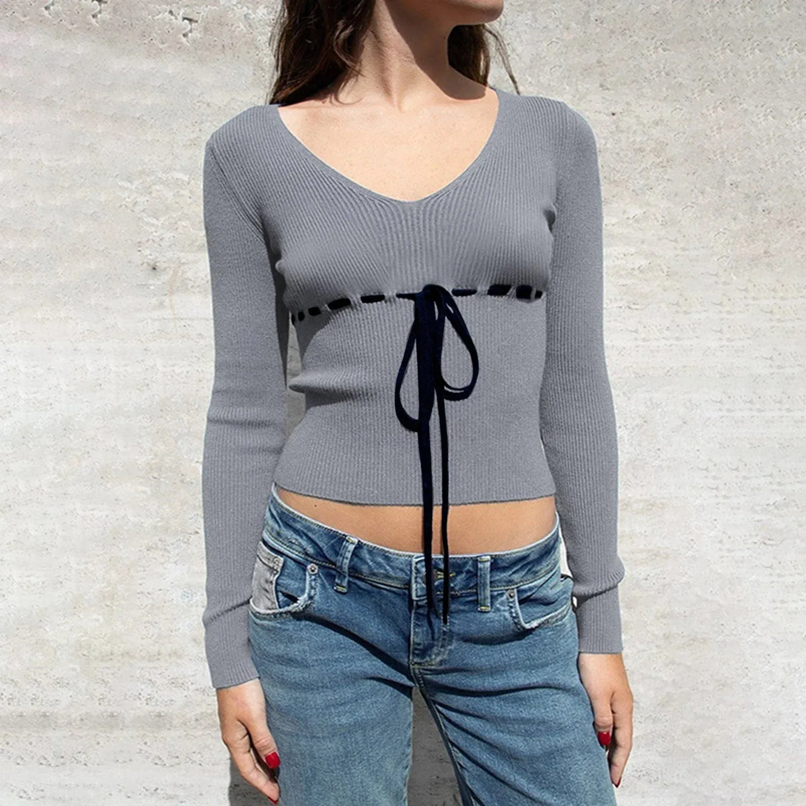 Knitted Crop Tops Solid Color Long Sleeve Front Drawstring Fashion T-shirts