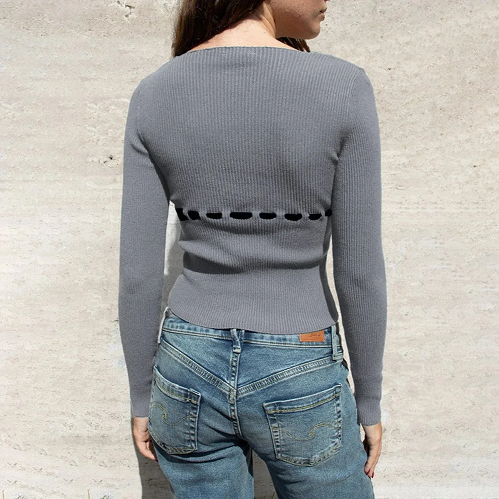 Knitted Crop Tops Solid Color Long Sleeve Front Drawstring Fashion T-shirts