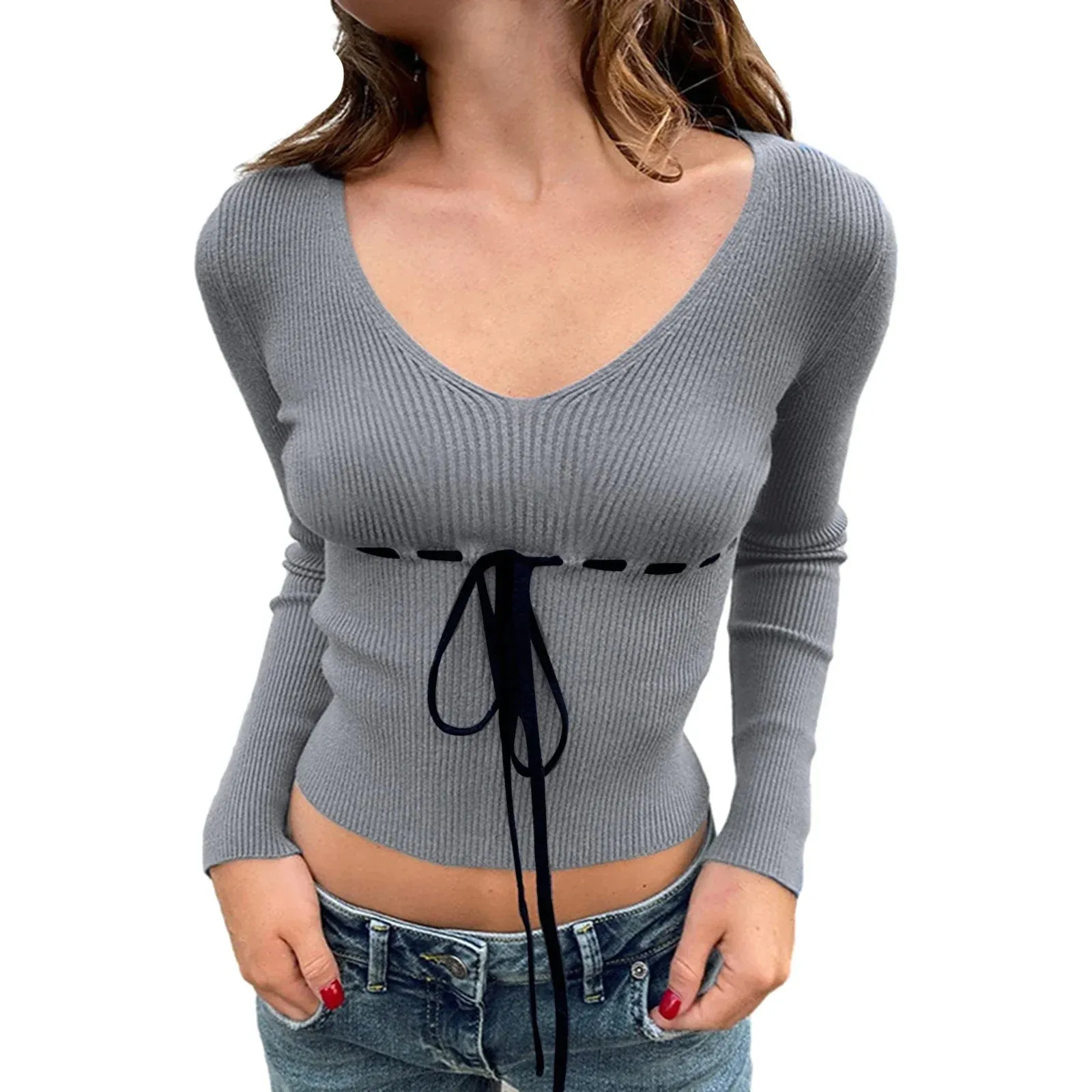 Knitted Crop Tops Solid Color Long Sleeve Front Drawstring Fashion T-shirts