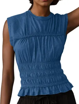 Livtany Women's Crew Neck Shirred Tiered Peplum Top Ruffled Hem Slim Fit Casual Blouse Sleeveless Casual Summer Shirt Tops