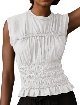 Livtany Women's Crew Neck Shirred Tiered Peplum Top Ruffled Hem Slim Fit Casual Blouse Sleeveless Casual Summer Shirt Tops