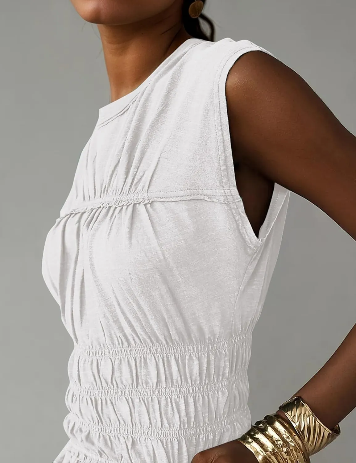Livtany Women's Crew Neck Shirred Tiered Peplum Top Ruffled Hem Slim Fit Casual Blouse Sleeveless Casual Summer Shirt Tops