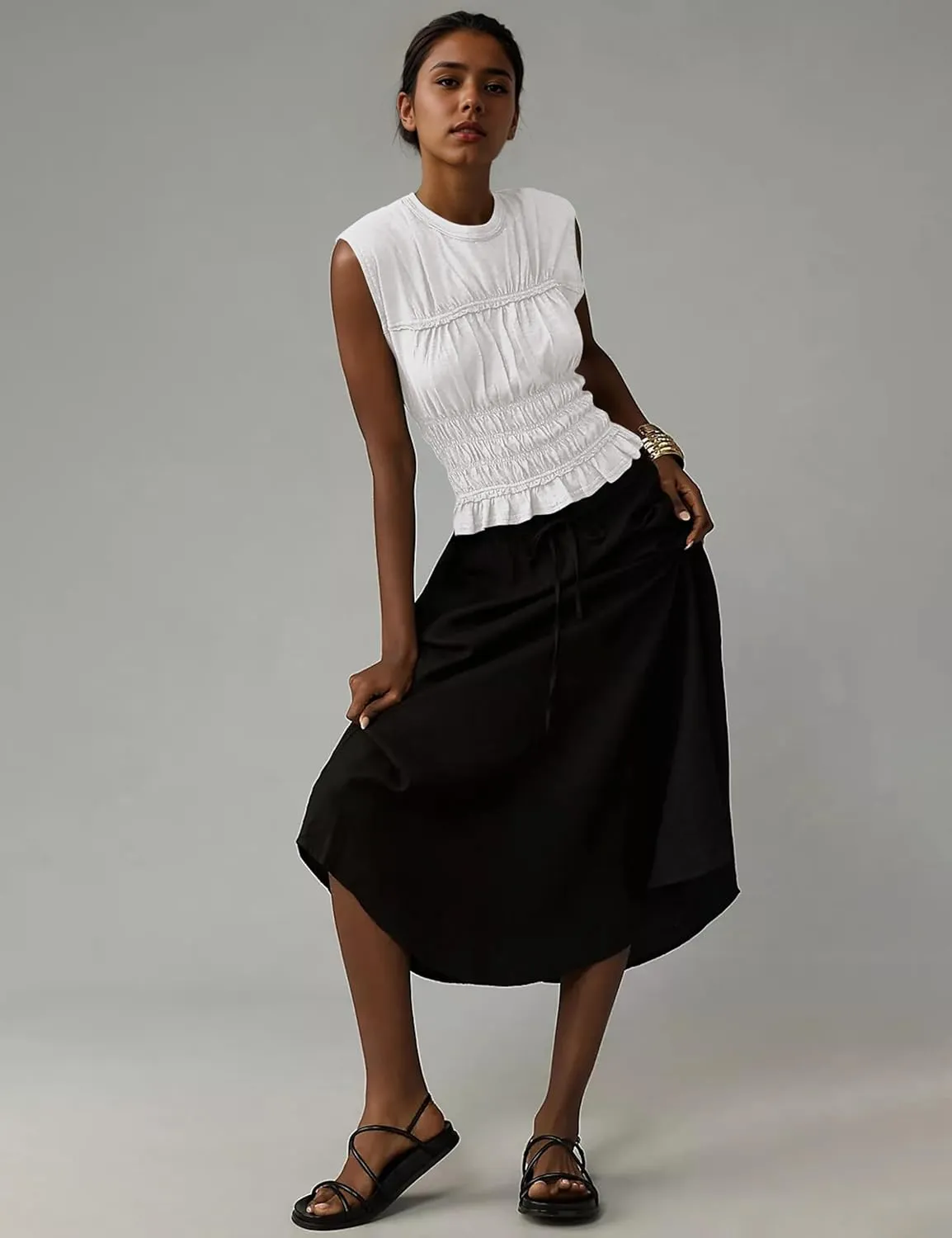 Livtany Women's Crew Neck Shirred Tiered Peplum Top Ruffled Hem Slim Fit Casual Blouse Sleeveless Casual Summer Shirt Tops