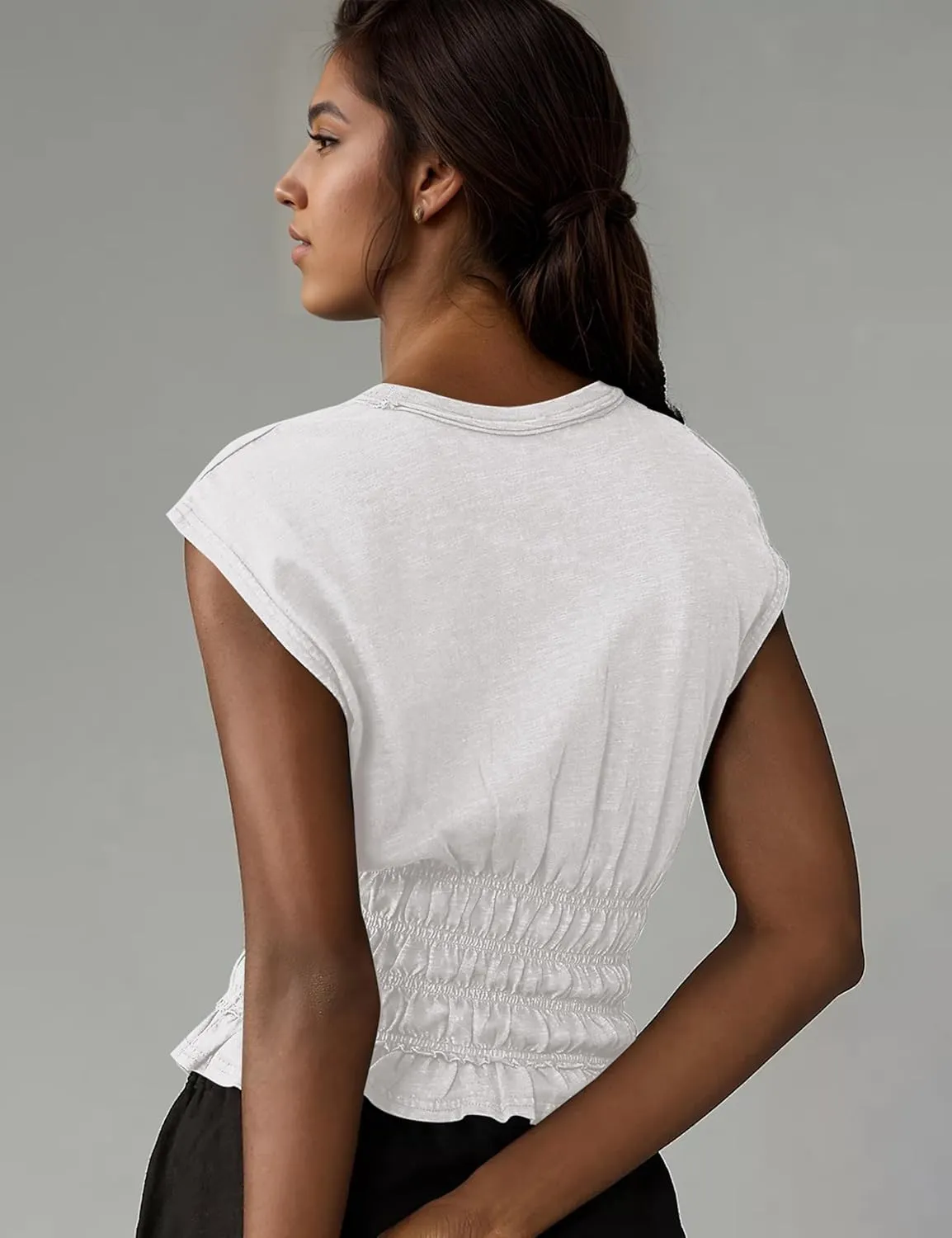 Livtany Women's Crew Neck Shirred Tiered Peplum Top Ruffled Hem Slim Fit Casual Blouse Sleeveless Casual Summer Shirt Tops