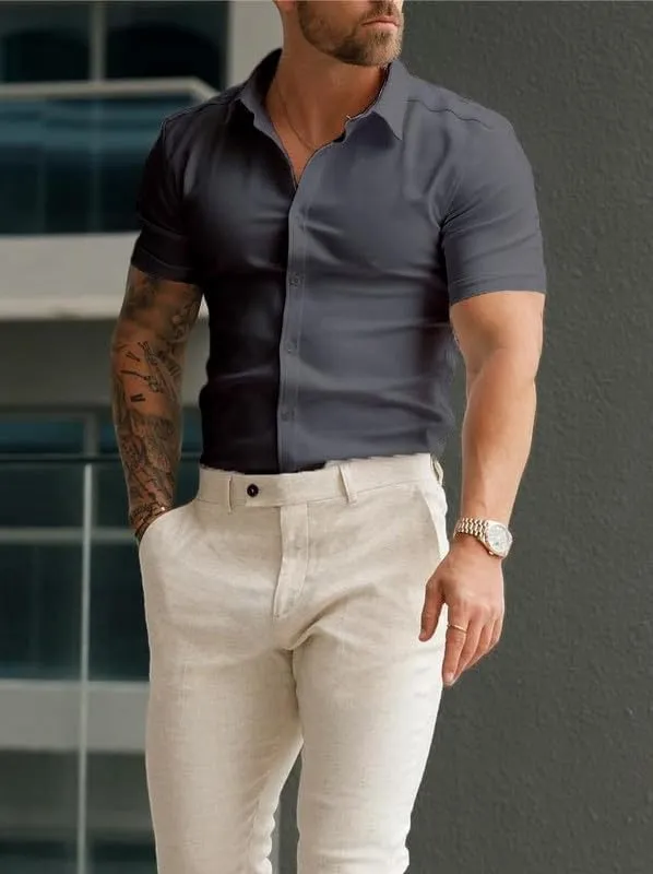 Mens Muscle Fit Dress Shirts Athletic Slim Fit Short Sleeve Stretch Casual Button Down Shirt