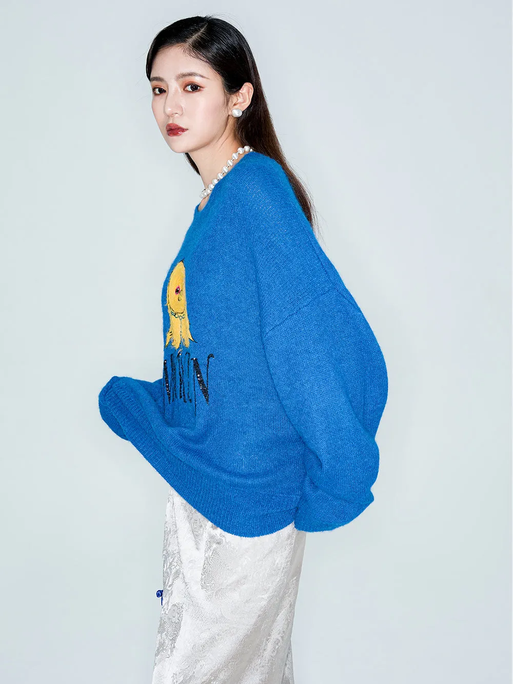 MUKZIN Linglong "Time Machine" Silhouette Crew Neck Cartoon Knit Blue Sweater
