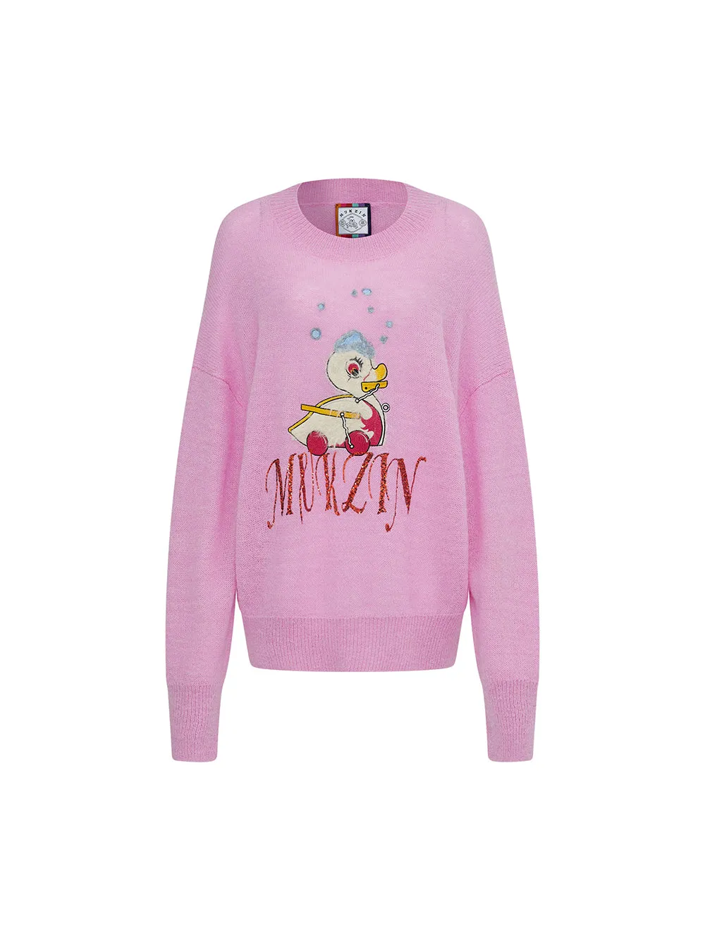 MUKZIN Linglong "Time Machine" Silhouette Crew Neck Cartoon Knit Blue Sweater